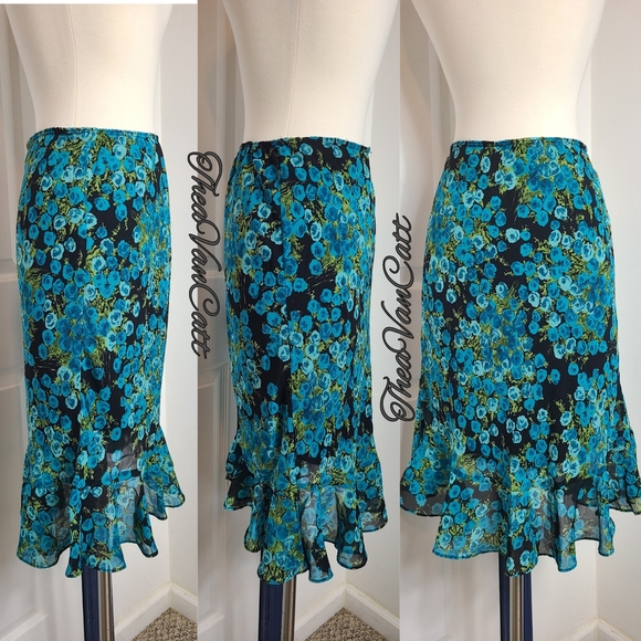 90s Betsey Johnson New York blue rose Bouquets print floral sexy midi skirt y2k! - Picture 3 of 5